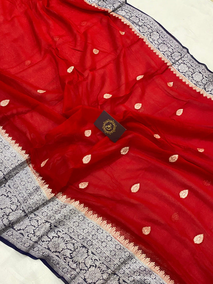 Red Banarasi Khaddi Chiffon Georgette Saree - Aura Benaras