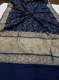 Navy Blue Banarasi Handloom Soft Silk Saree - Aura Benaras