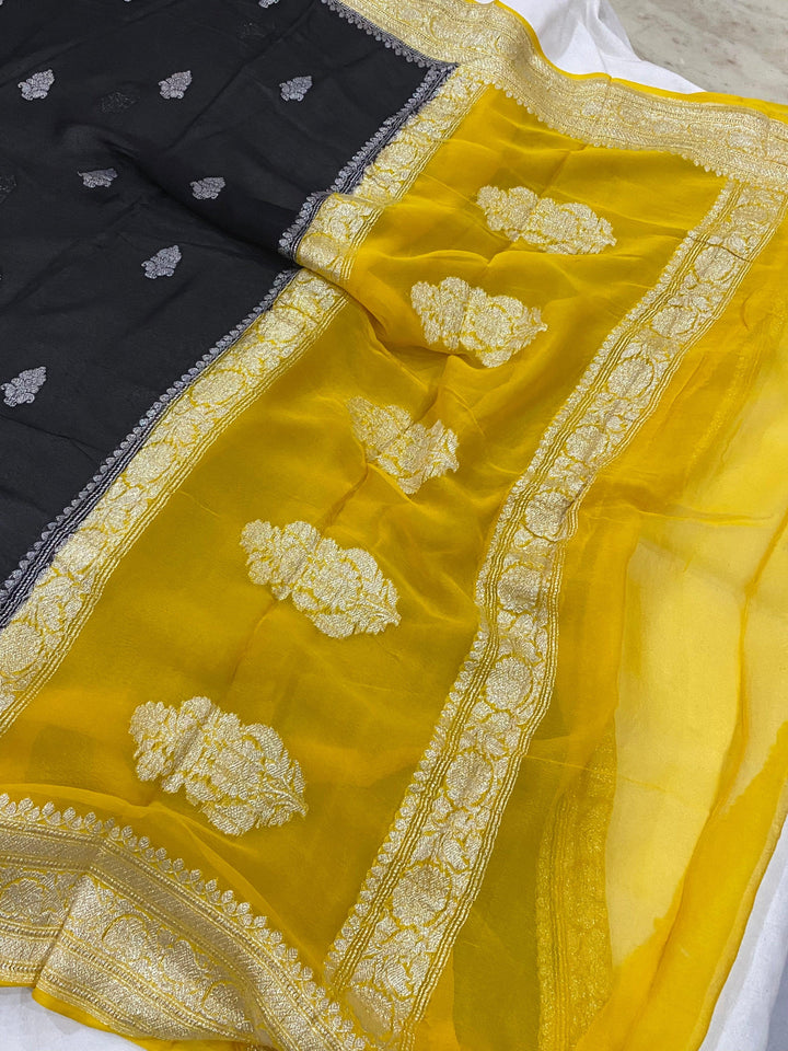 Black Khaddi Chiffon Banarasi Handloom Saree - Aura Benaras