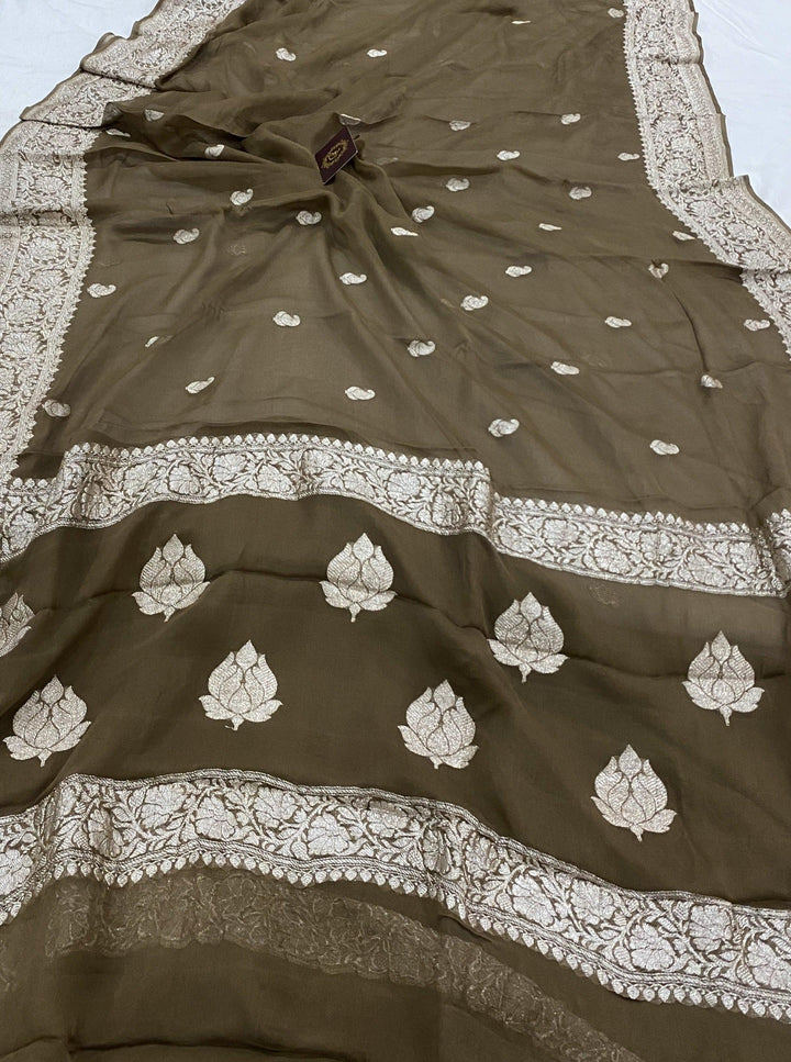 Tortila Brown Khaddi Chiffon Banarasi Handloom Saree