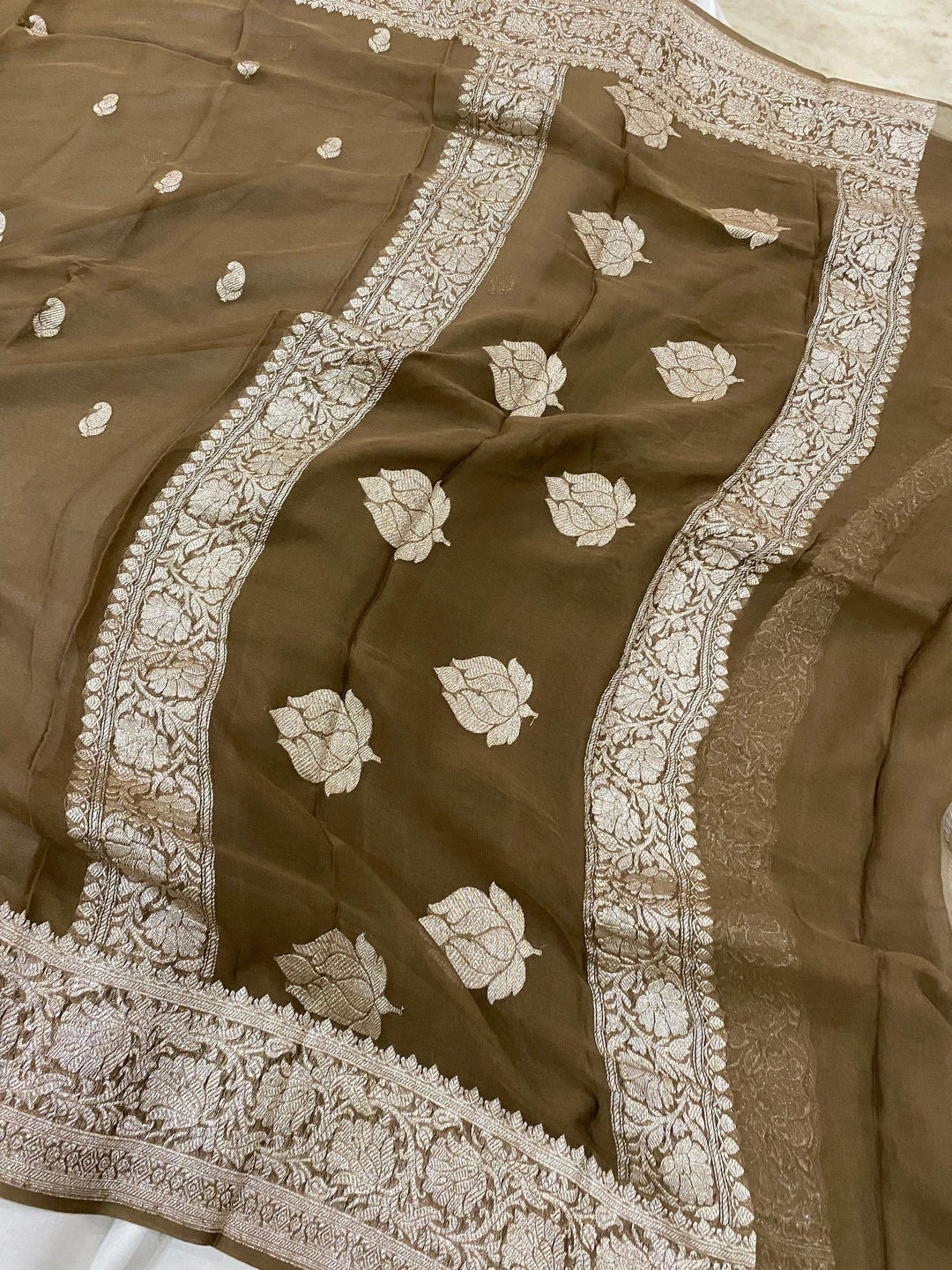 Tortila Brown Khaddi Chiffon Banarasi Handloom Saree
