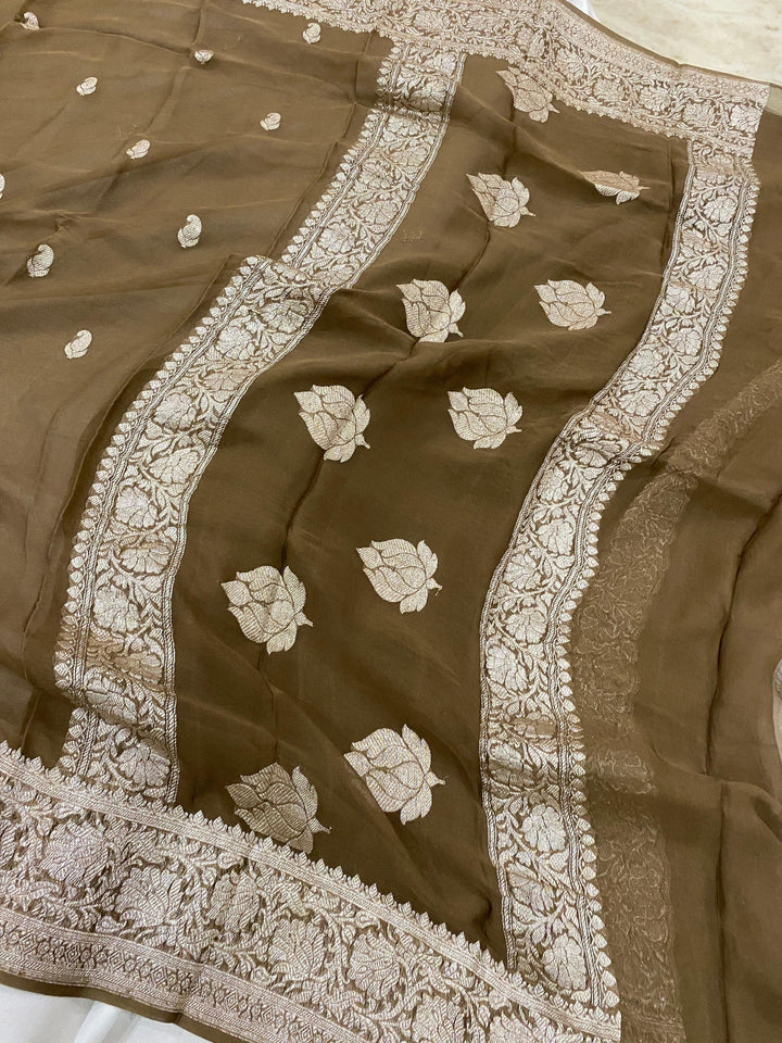 Tortila Brown Khaddi Chiffon Banarasi Handloom Saree