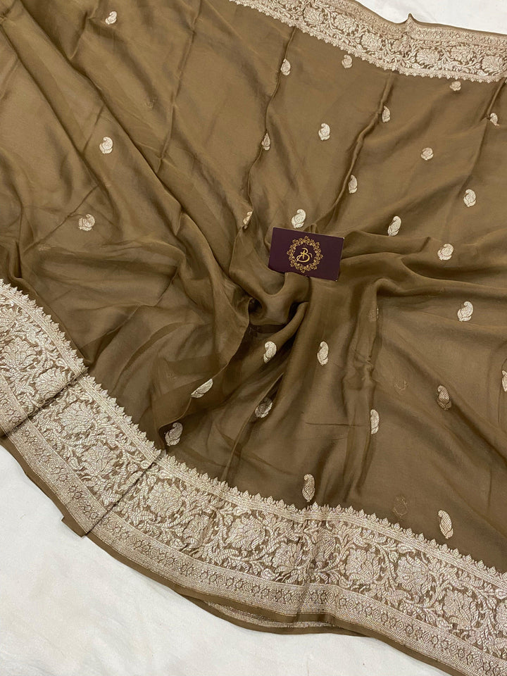 Tortila Brown Khaddi Chiffon Banarasi Handloom Saree