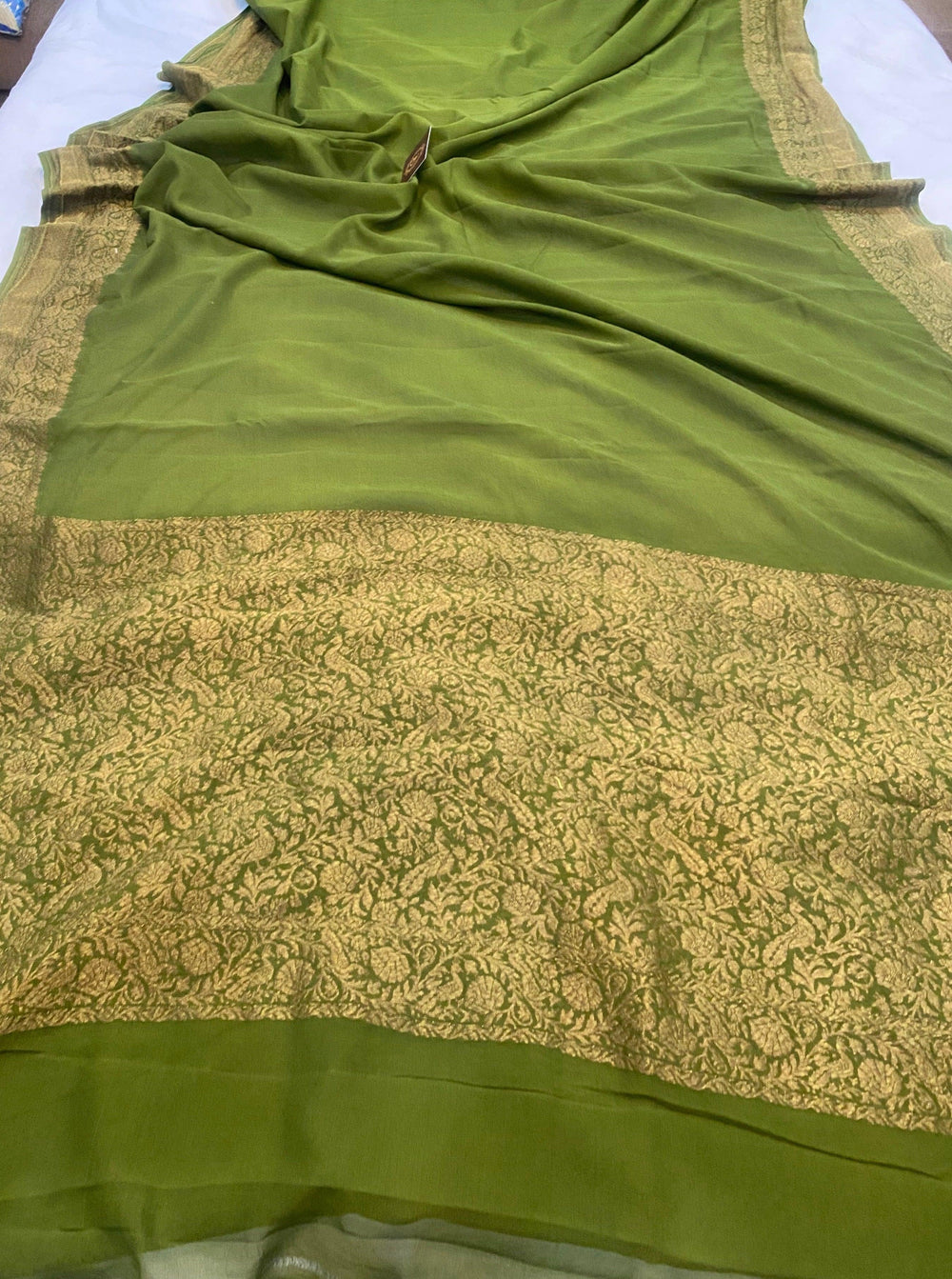 Mehendi Green Pure Banarasi Khaddi Georgette Saree - Aura Benaras