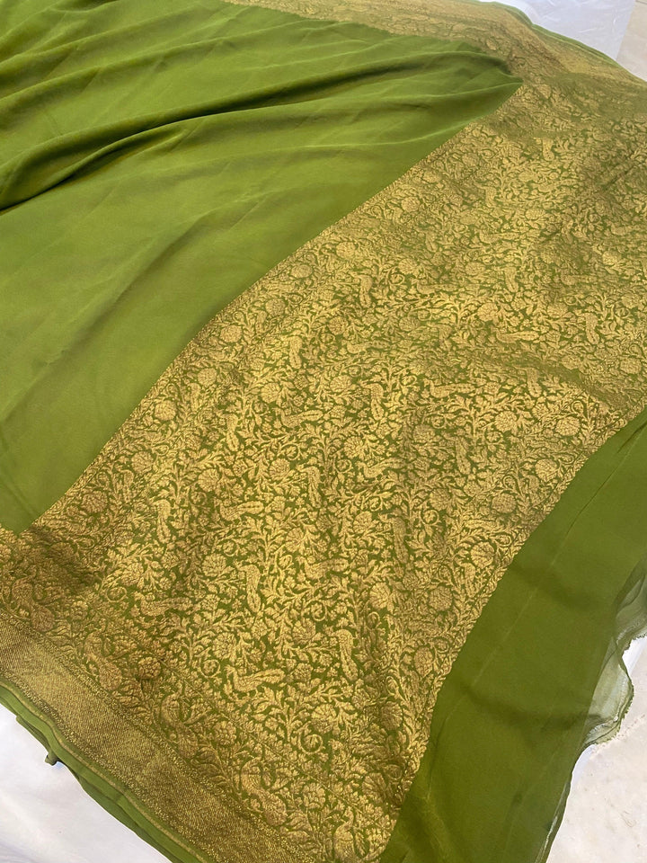 Mehendi Green Pure Banarasi Khaddi Georgette Saree - Aura Benaras