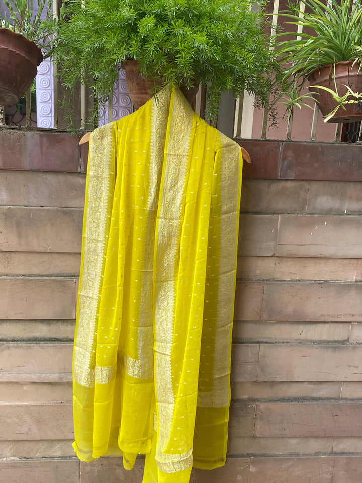LEMON YELLOW BANARASI HANDLOOM KHADDI CHIFFON DUPATTA - Aura Benaras