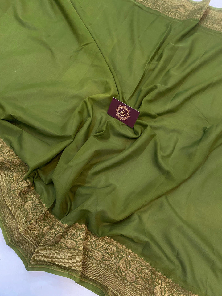 Mehendi Green Pure Banarasi Khaddi Georgette Saree - Aura Benaras
