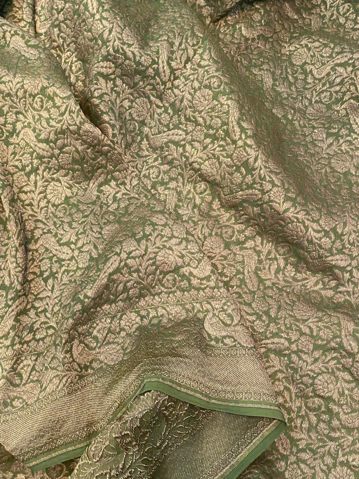 Mehendi Green Pure Banarasi Khaddi Georgette Saree - Aura Benaras