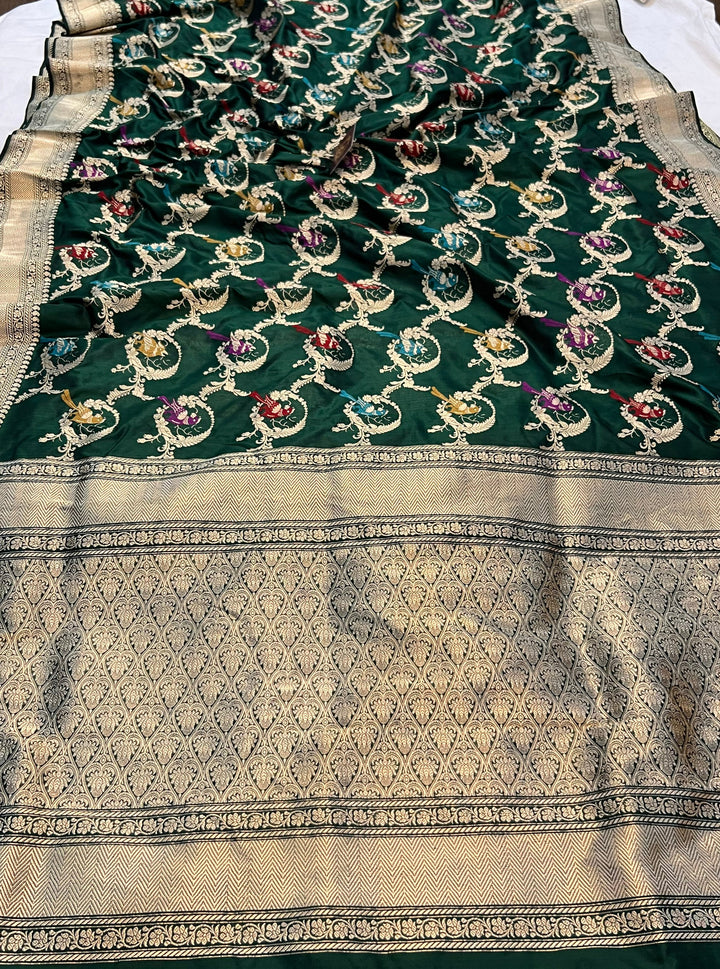 Bottle Green Kadhwa Jaal Pure Banarasi Handloom Katan Silk Saree - Aura Benaras