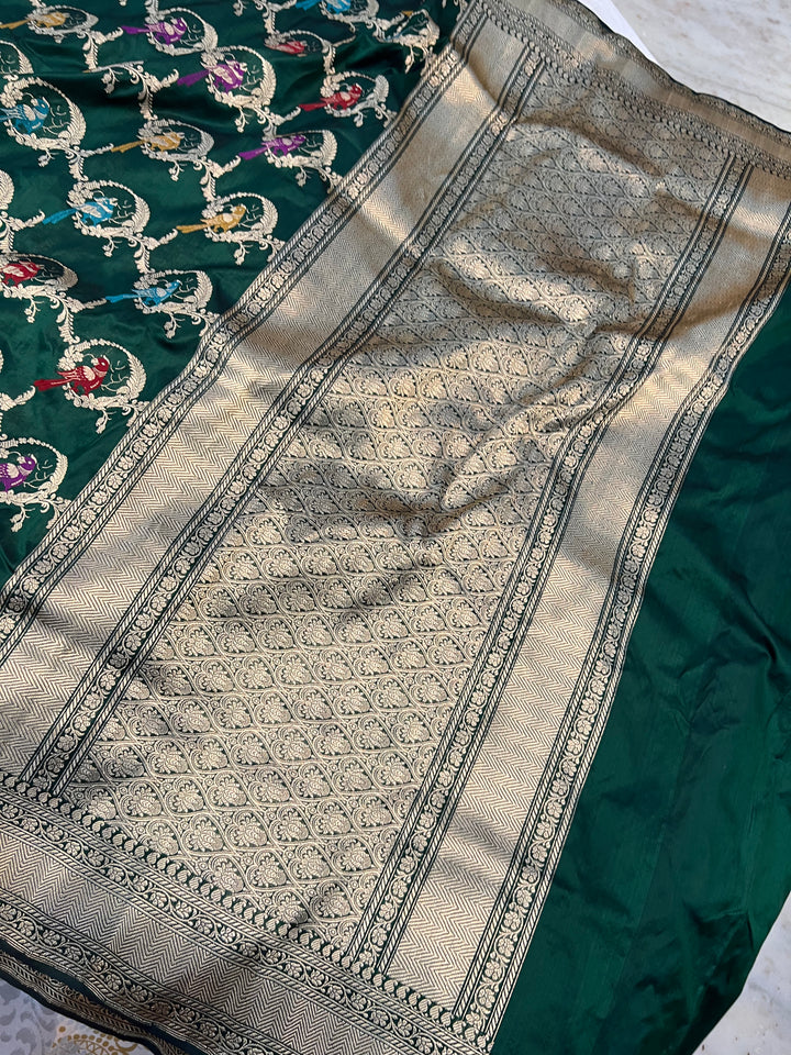 Bottle Green Kadhwa Jaal Pure Banarasi Handloom Katan Silk Saree - Aura Benaras