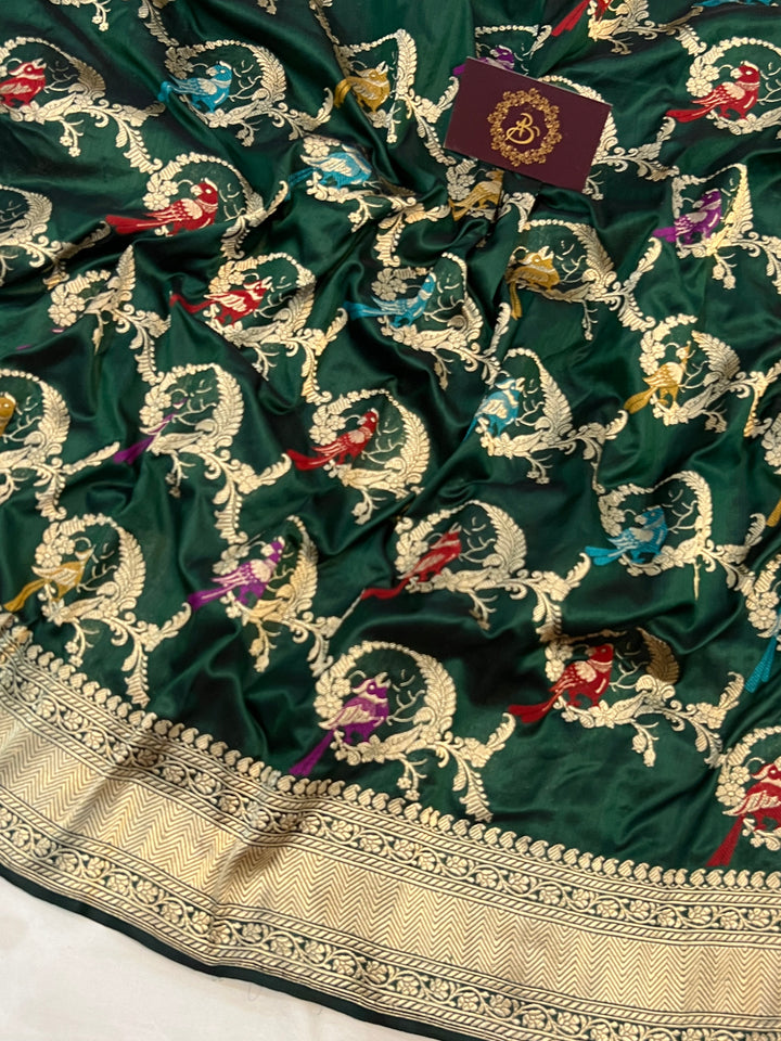 Bottle Green Kadhwa Jaal Pure Banarasi Handloom Katan Silk Saree - Aura Benaras