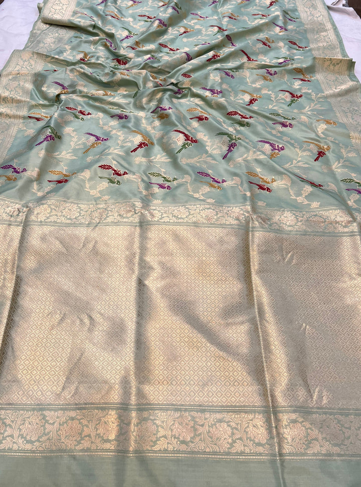 Pista Green Jaal Pure Banarasi Handloom Katan Silk Saree - Aura Benaras