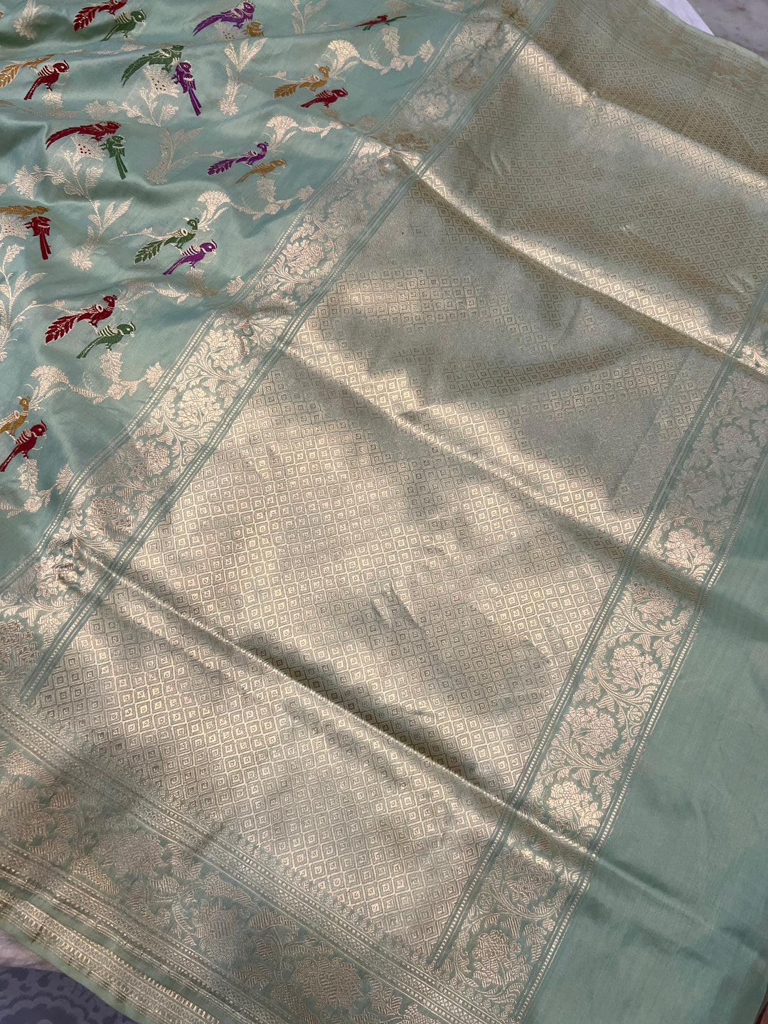 Pista Green Jaal Pure Banarasi Handloom Katan Silk Saree - Aura Benaras