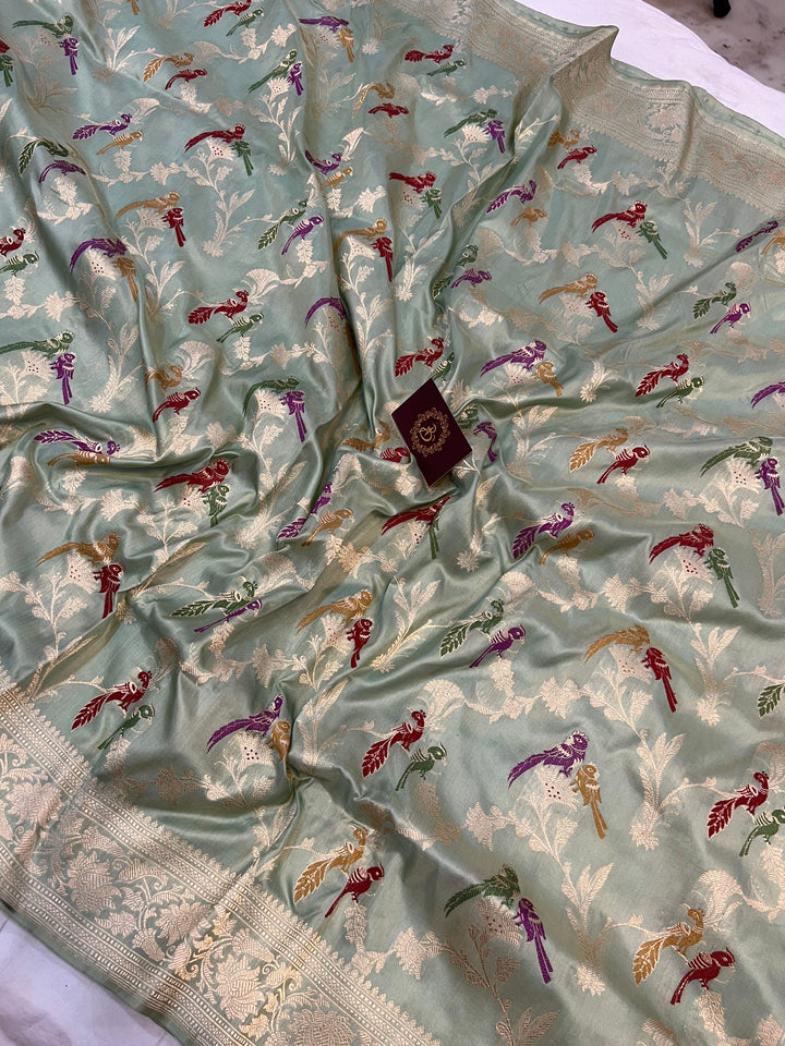 Pista Green Jaal Pure Banarasi Handloom Katan Silk Saree - Aura Benaras