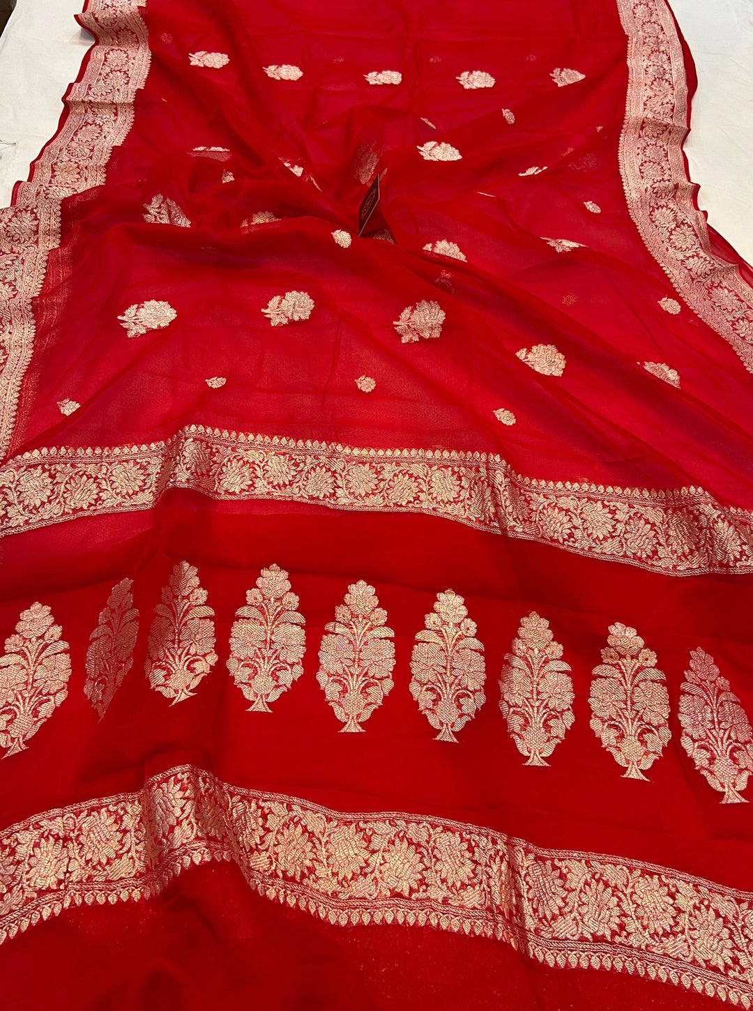 Red Khaddi Chiffon Banarasi Handloom Saree - Aura Benaras
