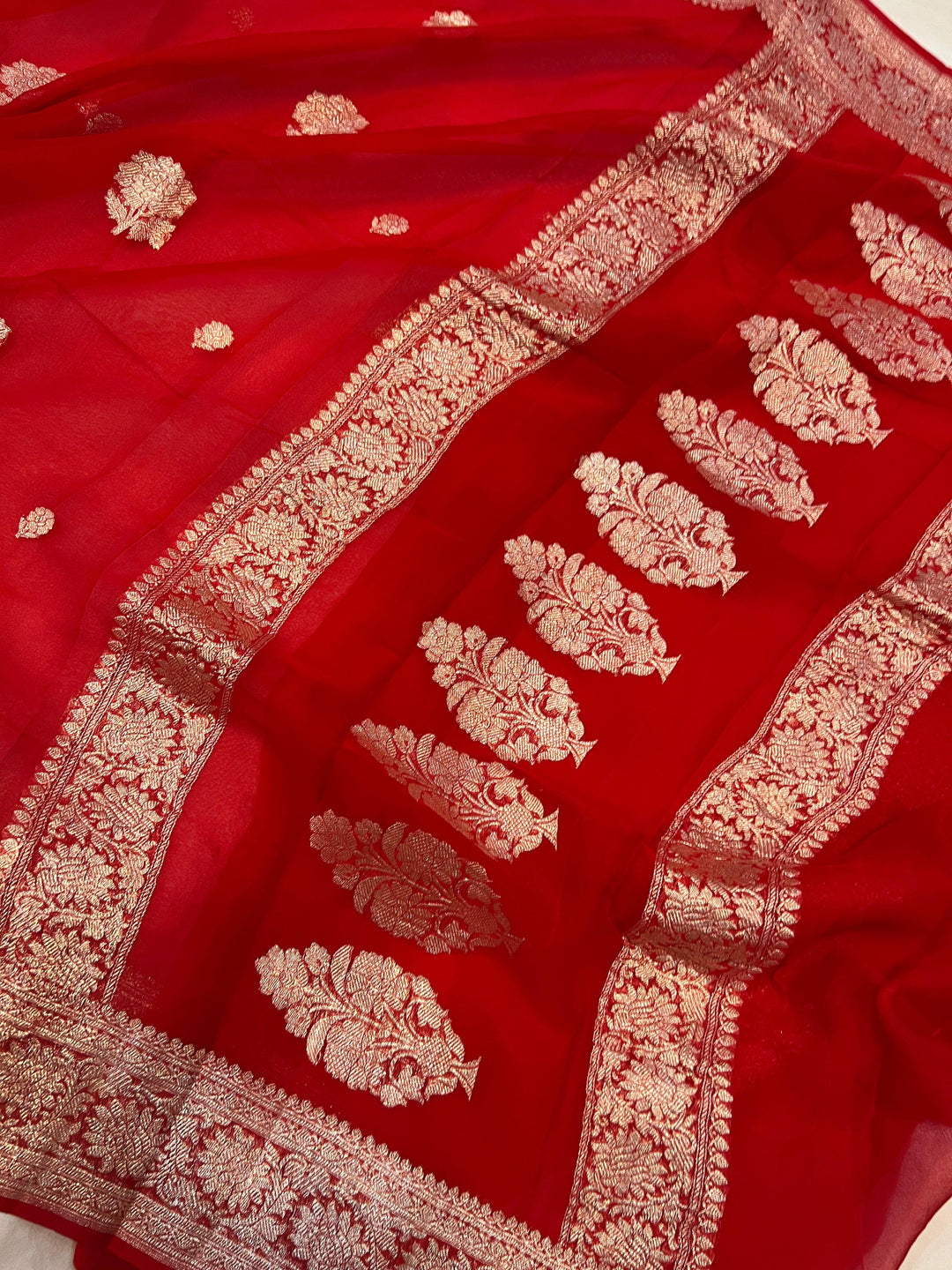 Red Khaddi Chiffon Banarasi Handloom Saree - Aura Benaras