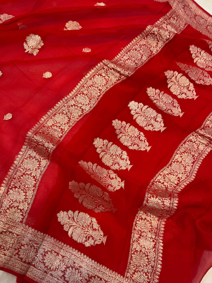 Red Khaddi Chiffon Banarasi Handloom Saree - Aura Benaras