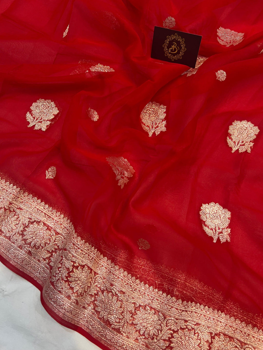 Red Khaddi Chiffon Banarasi Handloom Saree - Aura Benaras