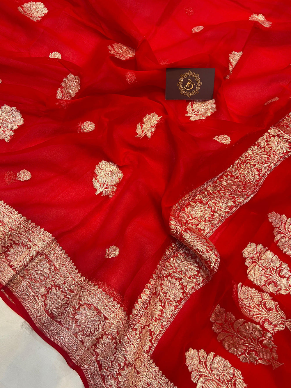 Red Khaddi Chiffon Banarasi Handloom Saree - Aura Benaras