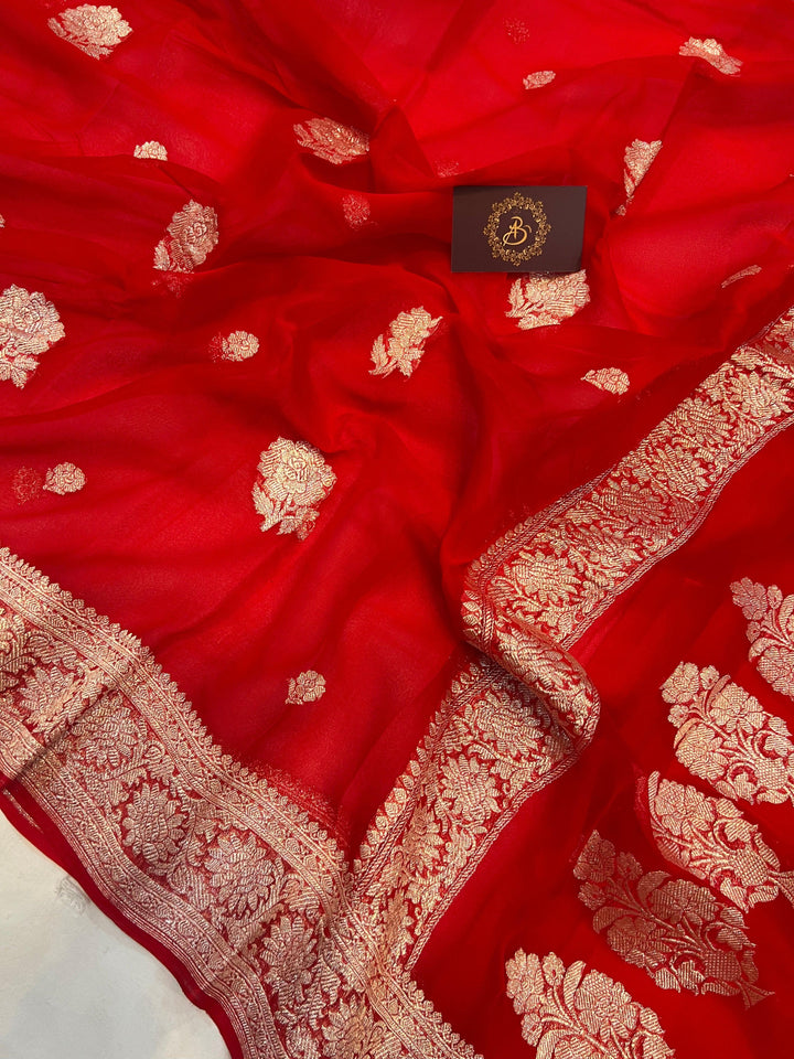 Red Khaddi Chiffon Banarasi Handloom Saree - Aura Benaras