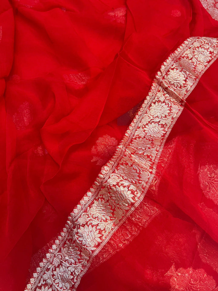 Red Khaddi Chiffon Banarasi Handloom Saree - Aura Benaras