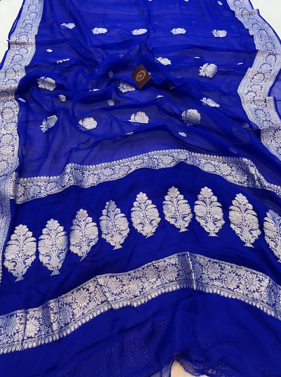 Royal Blue Khaddi Chiffon Banarasi Handloom Saree - Aura Benaras