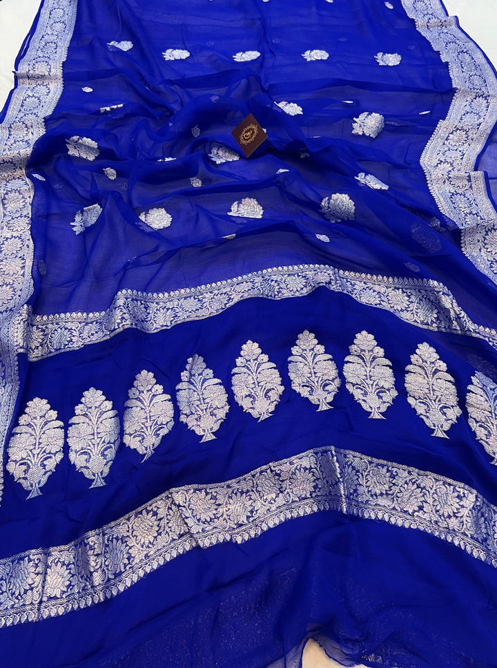 Royal Blue Khaddi Chiffon Banarasi Handloom Saree - Aura Benaras