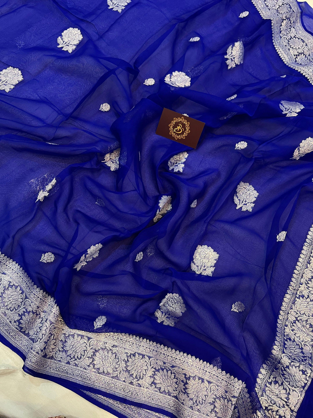 Royal Blue Khaddi Chiffon Banarasi Handloom Saree - Aura Benaras