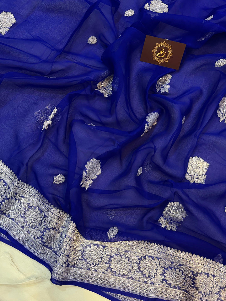 Royal Blue Khaddi Chiffon Banarasi Handloom Saree - Aura Benaras