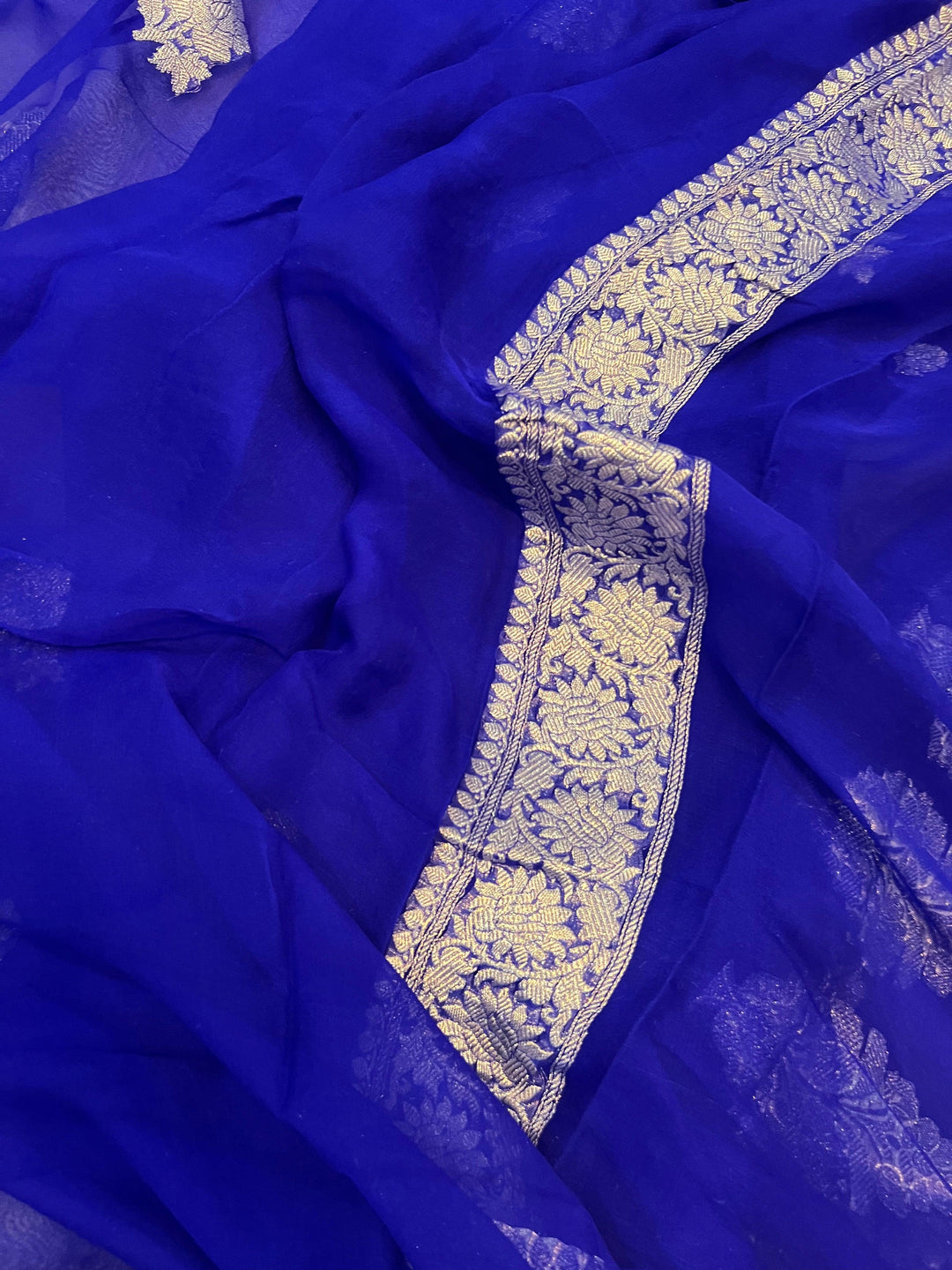 Royal Blue Khaddi Chiffon Banarasi Handloom Saree - Aura Benaras