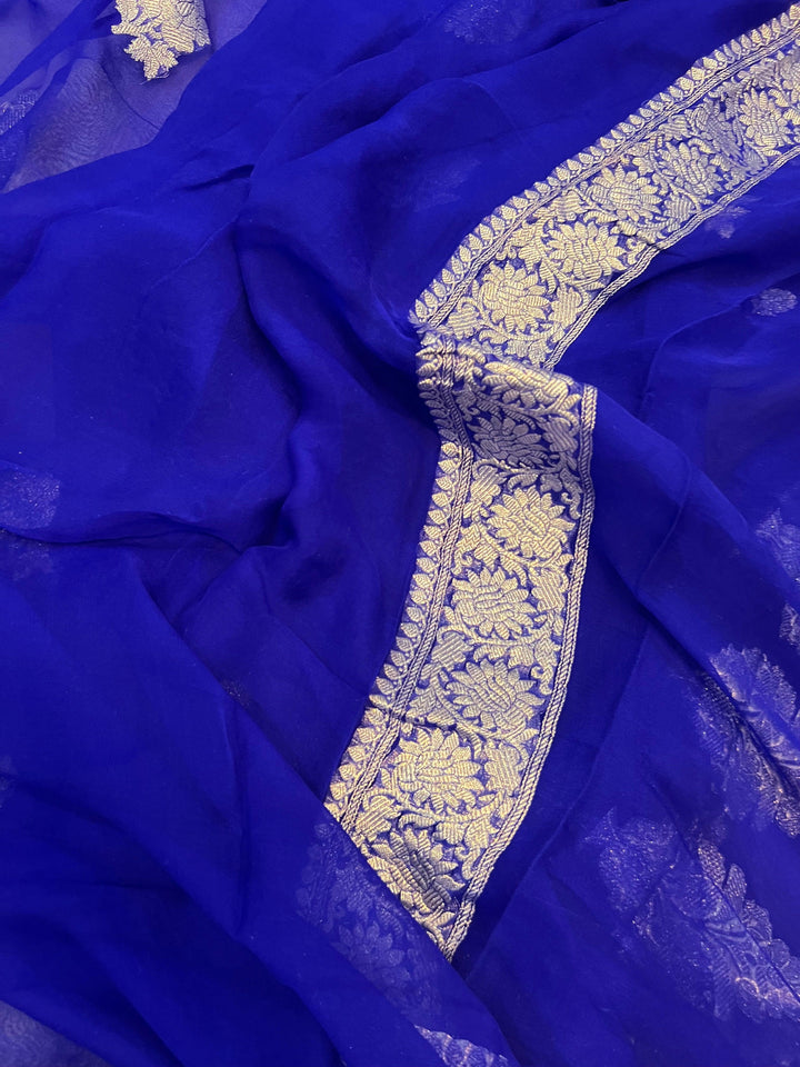 Royal Blue Khaddi Chiffon Banarasi Handloom Saree - Aura Benaras