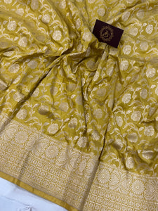 English Yellow Pure Banarasi Handloom Katan Silk Saree - Aura Benaras