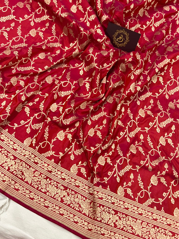 Reddish Pink Pure Banarasi Handloom Katan Silk Saree - Aura Benaras