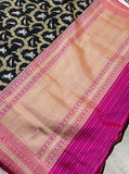 Black Shikargah Jaal Pure Banarasi Handlloom Katan Silk Saree - Aura Benaras