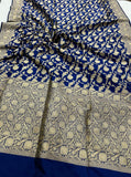 Navy Blue Pure Banarasi Handloom Katan Silk Saree - Aura Benaras