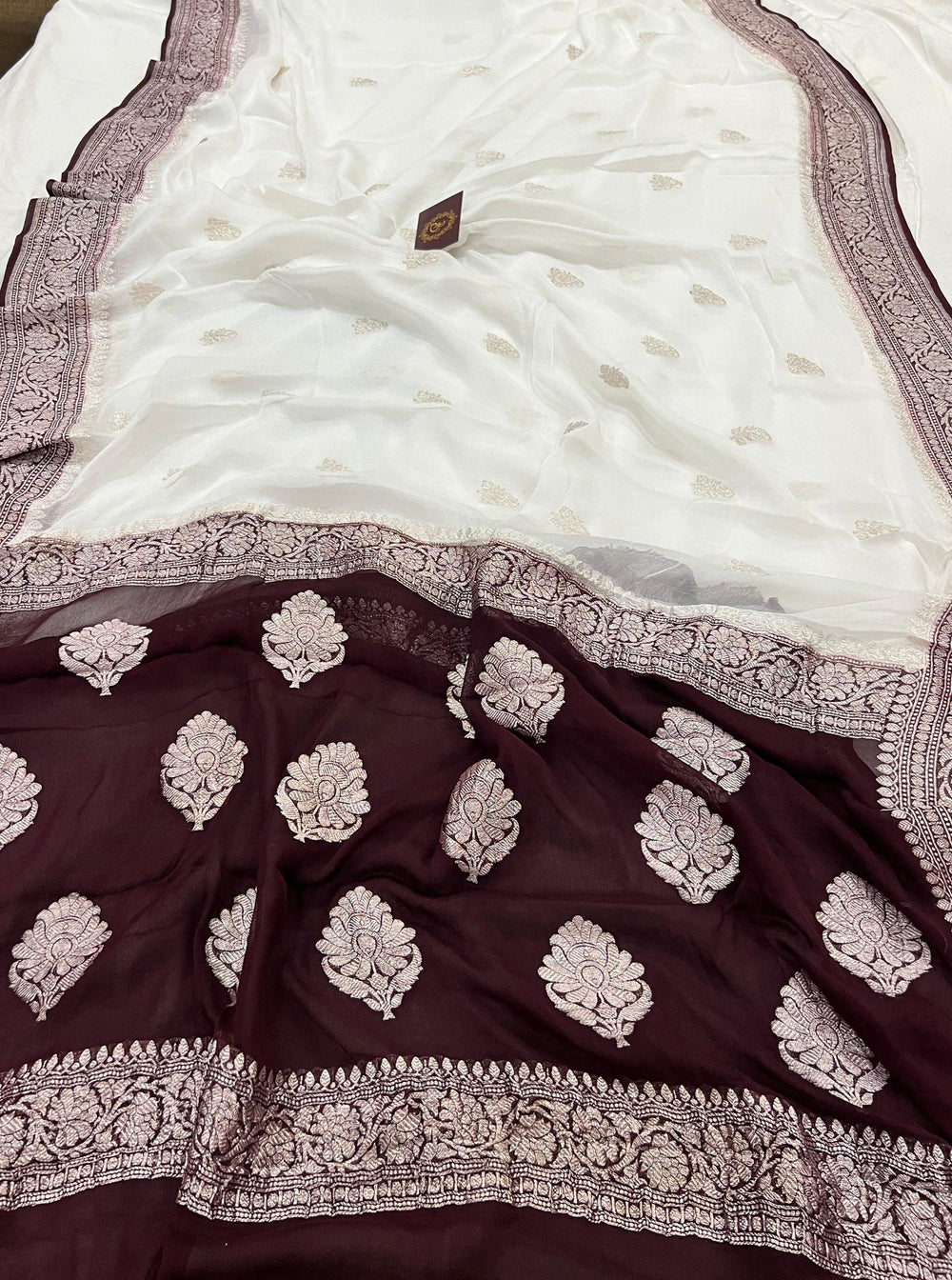 White Khaddi Chiffon Banarasi Handloom Saree - Aura Benaras