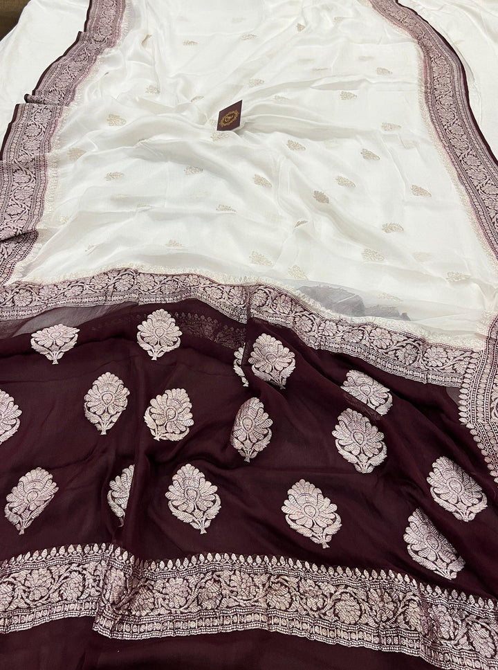 White Khaddi Chiffon Banarasi Handloom Saree - Aura Benaras