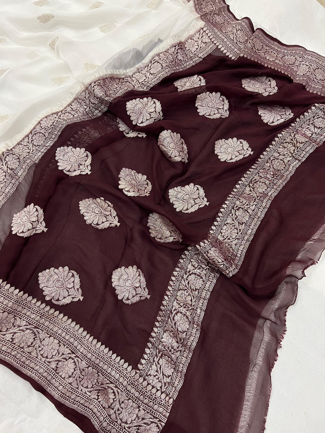 White Khaddi Chiffon Banarasi Handloom Saree - Aura Benaras