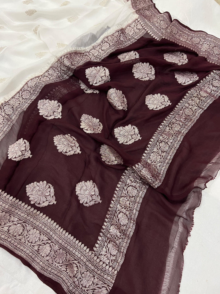 White Khaddi Chiffon Banarasi Handloom Saree - Aura Benaras