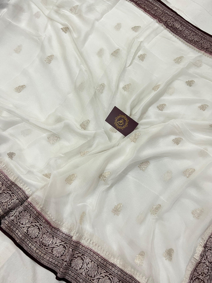 White Khaddi Chiffon Banarasi Handloom Saree - Aura Benaras