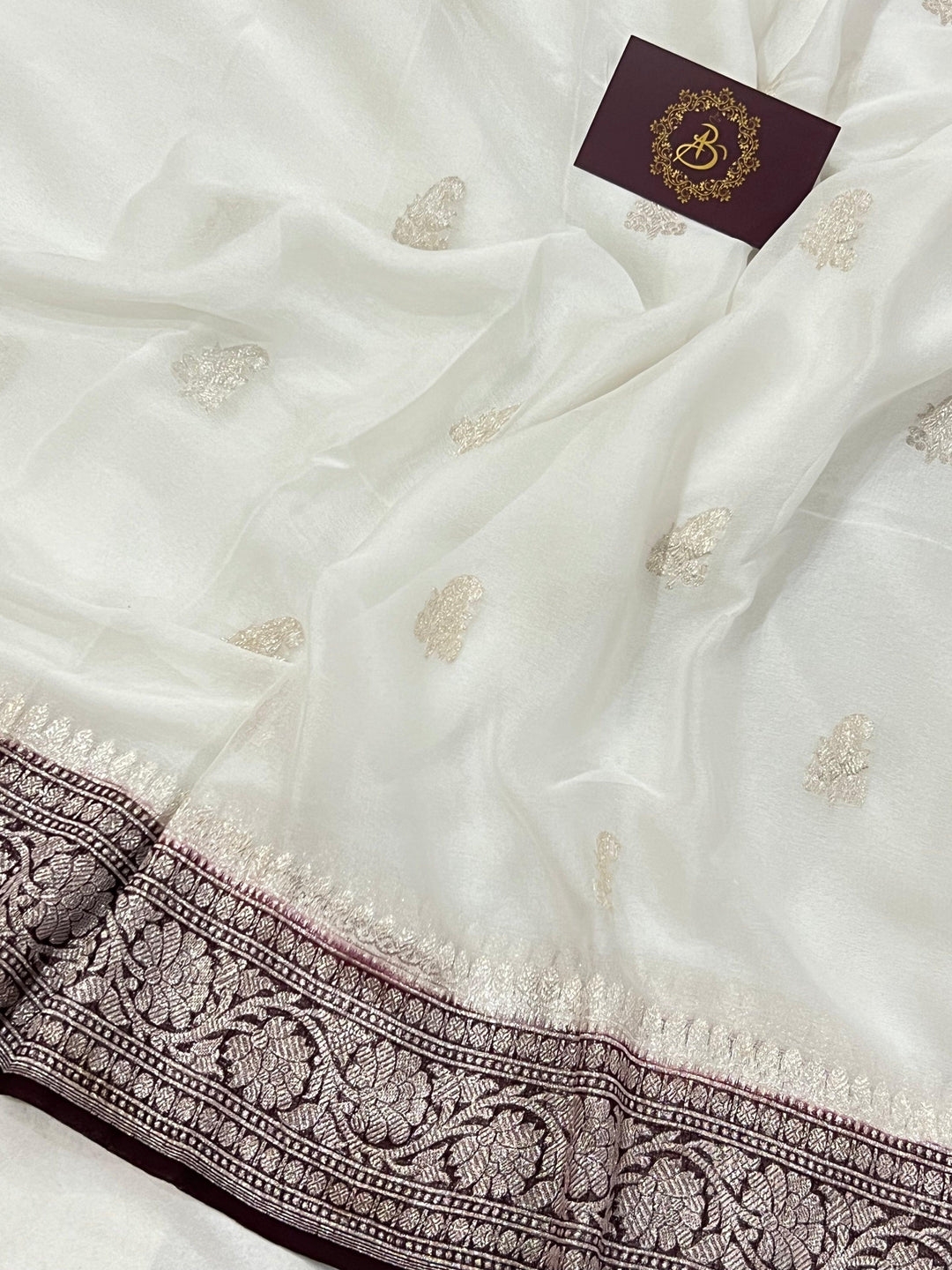White Khaddi Chiffon Banarasi Handloom Saree - Aura Benaras