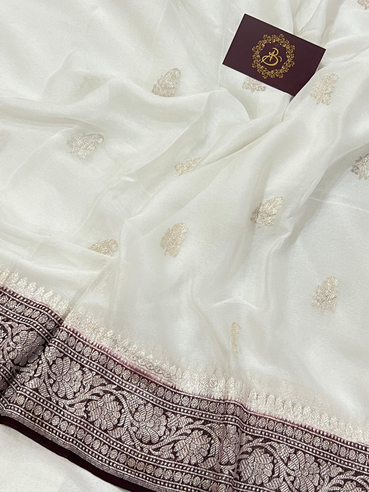 White Khaddi Chiffon Banarasi Handloom Saree - Aura Benaras