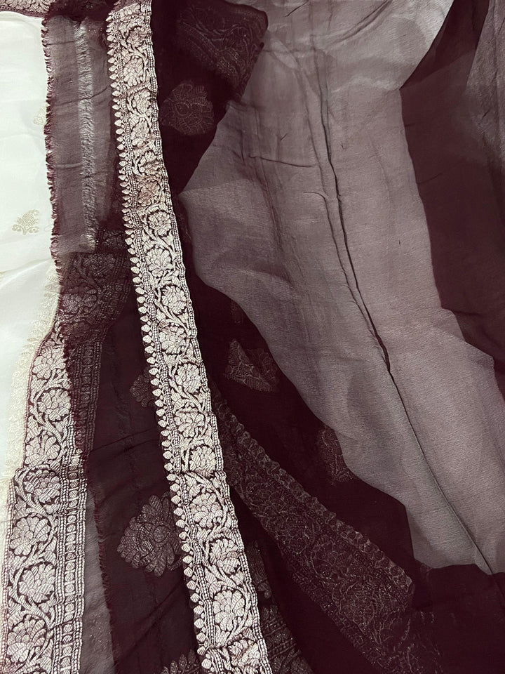 White Khaddi Chiffon Banarasi Handloom Saree - Aura Benaras