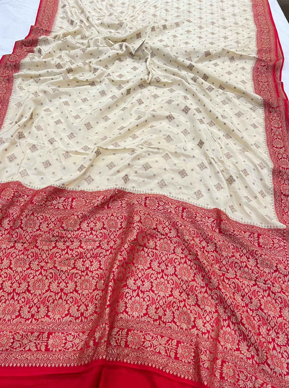 Cream Pure Banarasi Khaddi Crepe Silk Saree - Aura Benaras