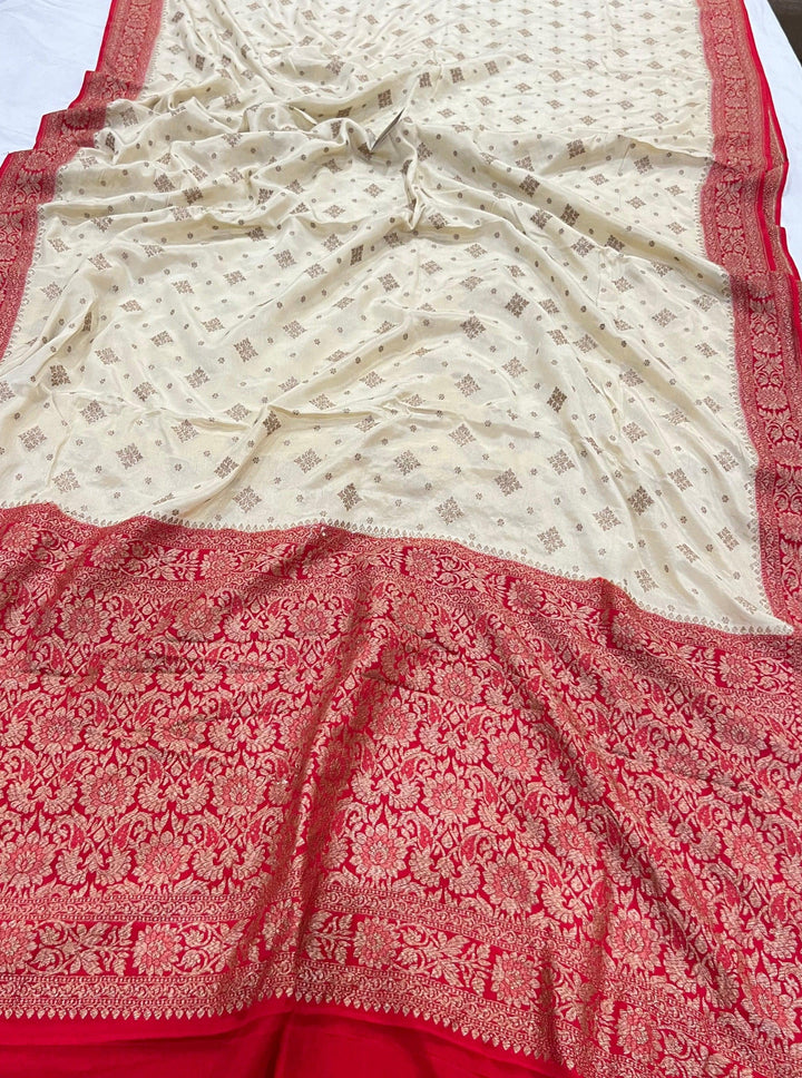 Cream Pure Banarasi Khaddi Crepe Silk Saree - Aura Benaras