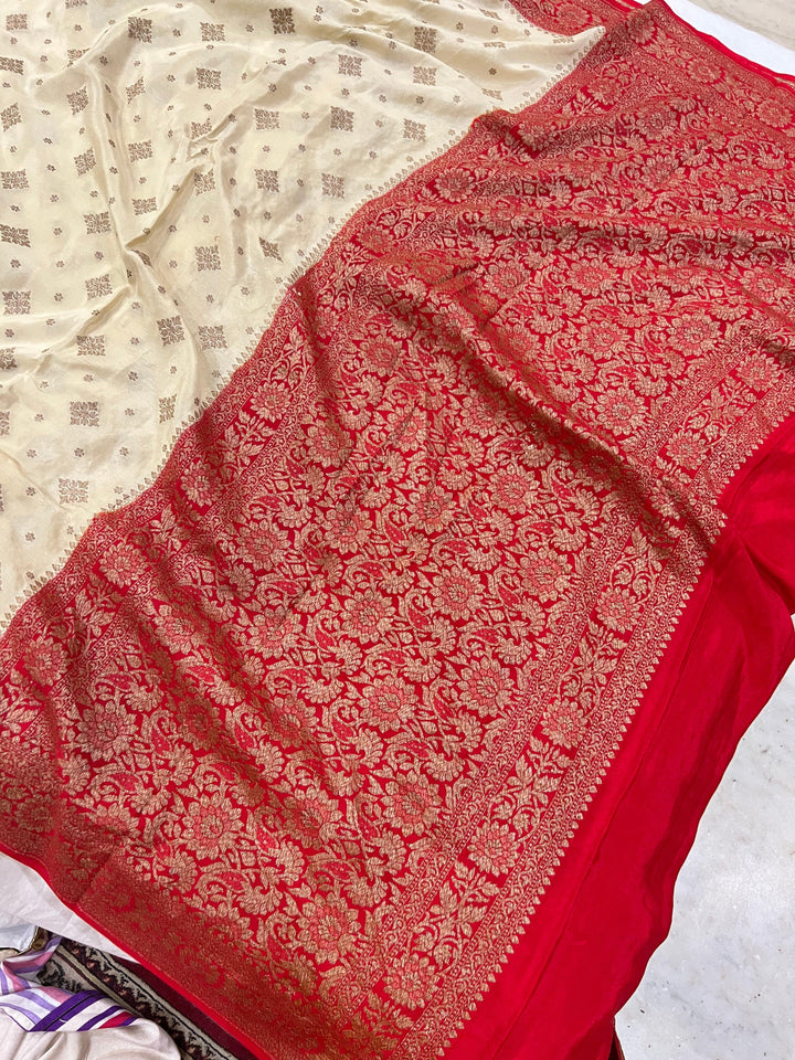 Cream Pure Banarasi Khaddi Crepe Silk Saree - Aura Benaras