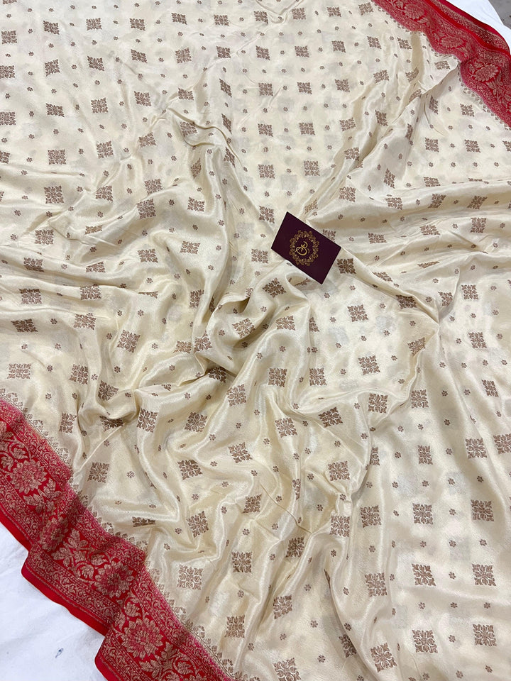 Cream Pure Banarasi Khaddi Crepe Silk Saree - Aura Benaras