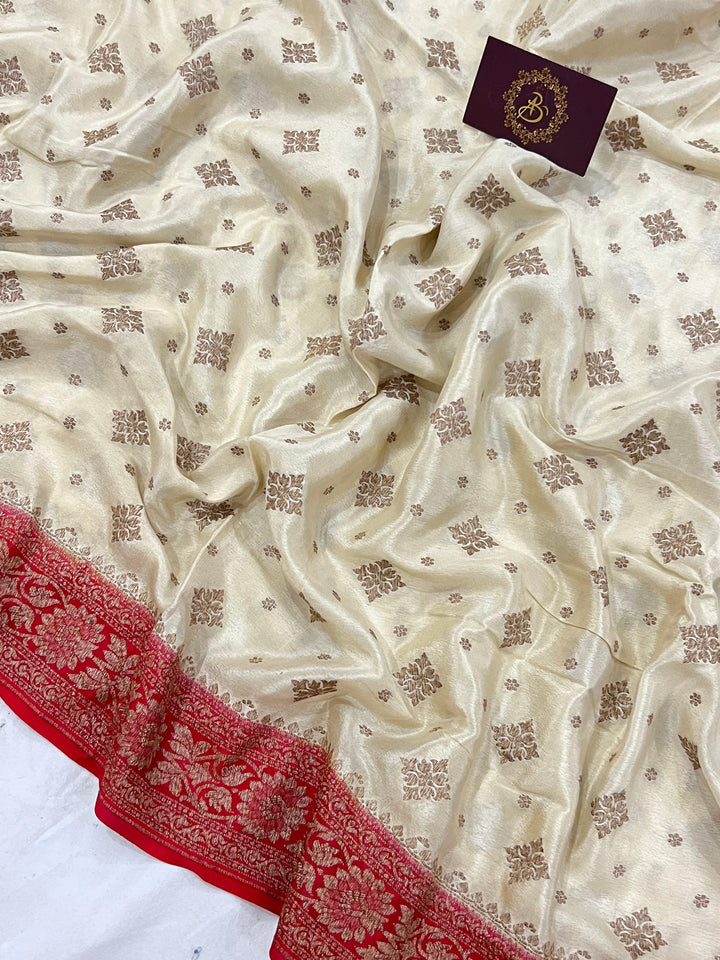 Cream Pure Banarasi Khaddi Crepe Silk Saree - Aura Benaras