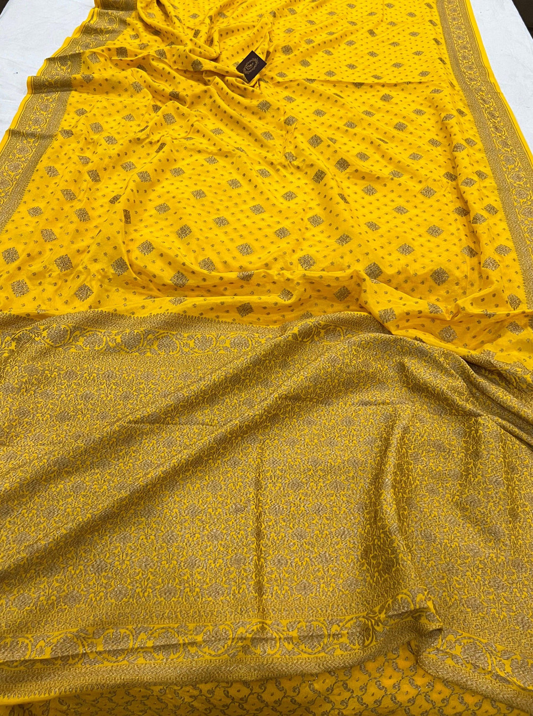 Yellow Pure Banarasi Khaddi Crepe Silk Saree - Aura Benaras