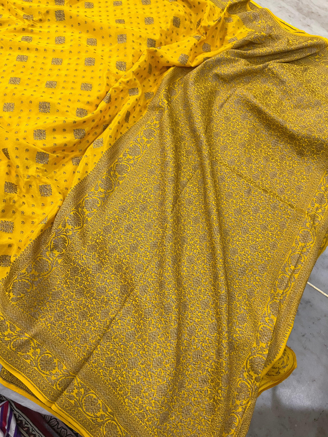 Yellow Pure Banarasi Khaddi Crepe Silk Saree - Aura Benaras